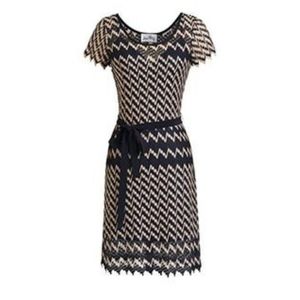 Joseph Ribkoff Black Tan Chevron Casual Knit Dress Belted